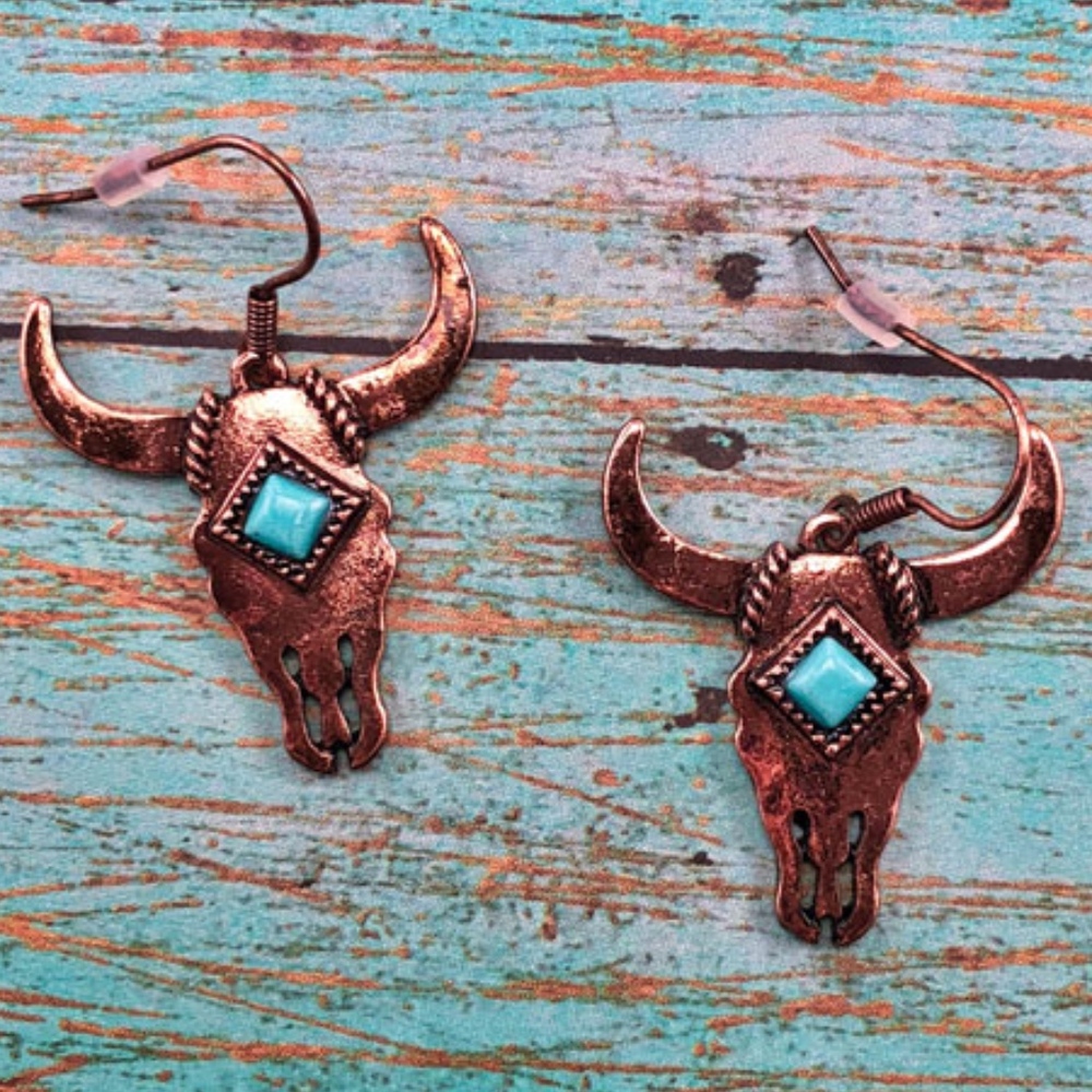 Western Copper Tone Metal Longhorn Skull Earrings